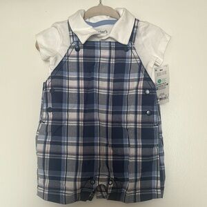 BRAND NEW Carters Boys 2-Pc Collared Bodysuit & Knit Plaid Shortalls Set- 3M